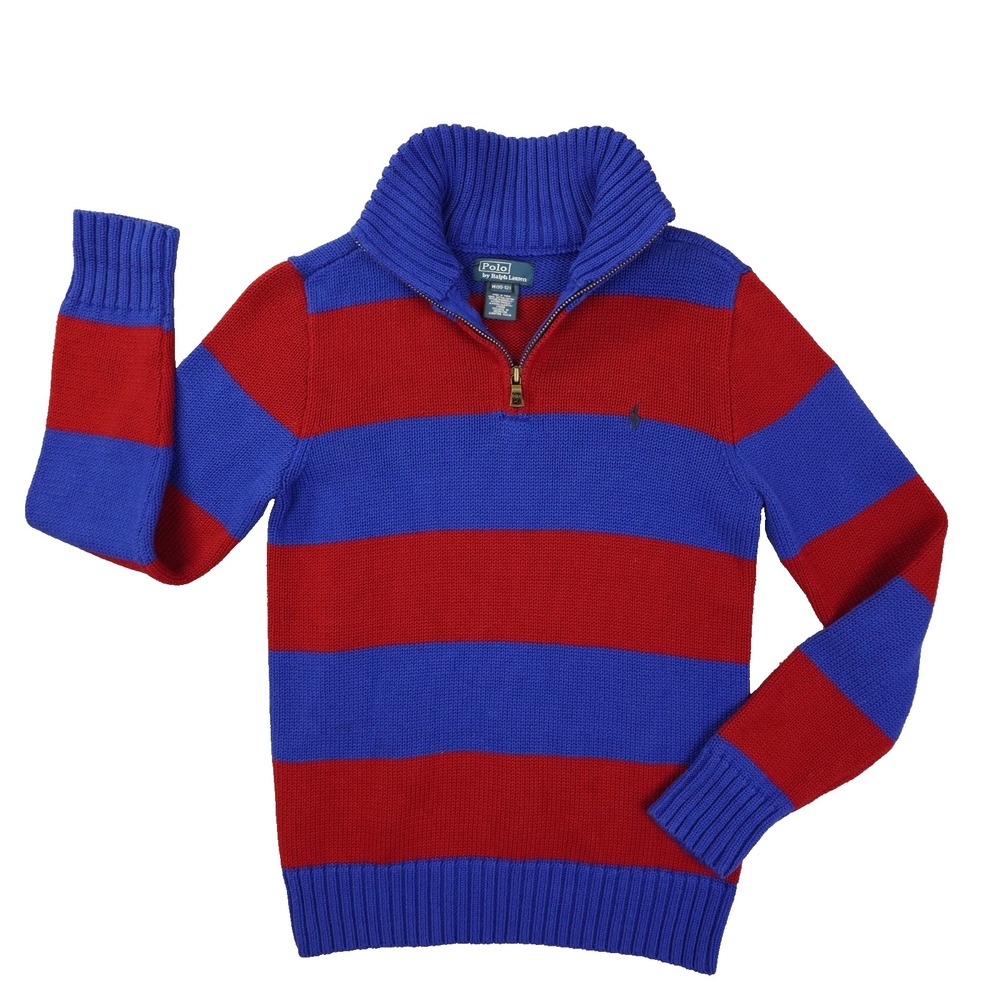 Polo Ralph Lauren Quarter Zip Sweater Boys M 10-12 Blue Red Stripe Preppy School